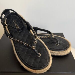 Chanel Black Leather CC Thong Espadrille Sandals with Gold Chain Detail